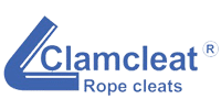 Clamcleat : Taquets professionnels pour cordes et gréement. Logo bleu Clamcleat® avec un symbole de taquet stylisé. Le texte inclut le slogan de la marque : « Rope cleats ».