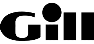 Logo officiel de la marque Gill, spécialiste en équipement marin. Logo stylisé Gill en noir. Le G est serif, le "i" un carré surmonté d'un point rond. Wordmark géométrique pour la marque de vêtements de mer.